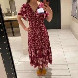 J Crew Fall floral dress in burgundy with pink flowers, midi/maxi length size 0